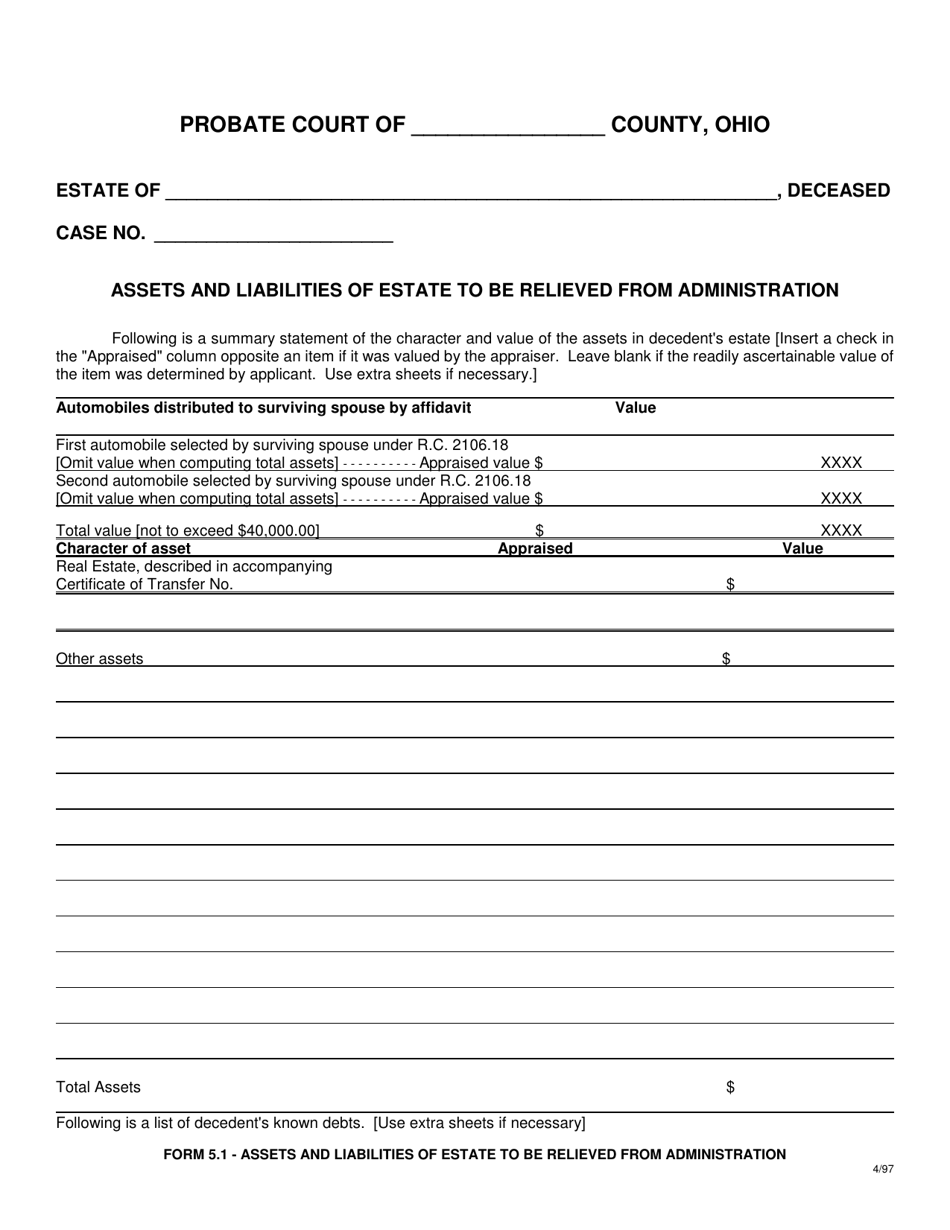 Form 5.1 Assets and Liabilities of Estate to Be Relieved From Administration - Ohio, Page 1