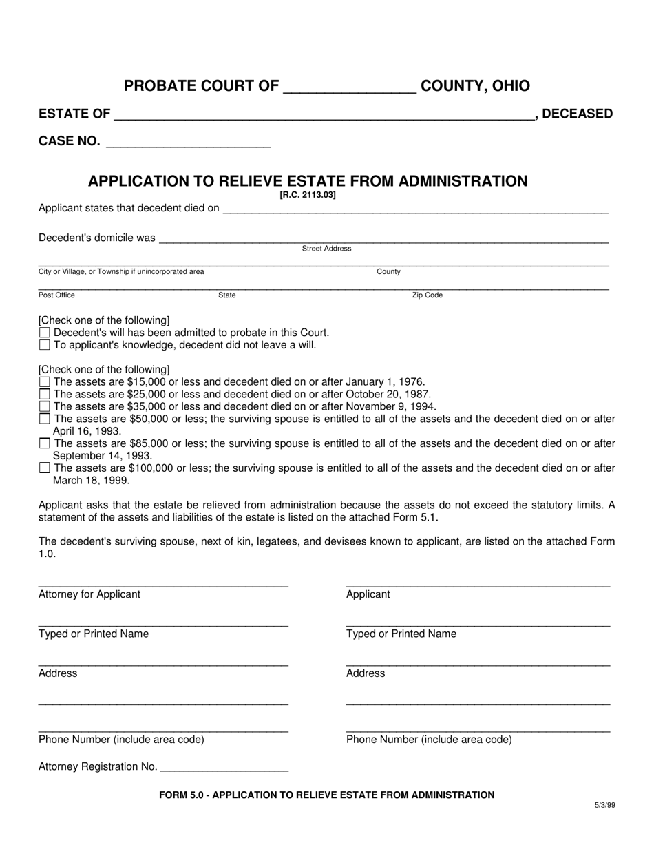 Form 5.0 Application to Relieve Estate From Administration - Ohio, Page 1