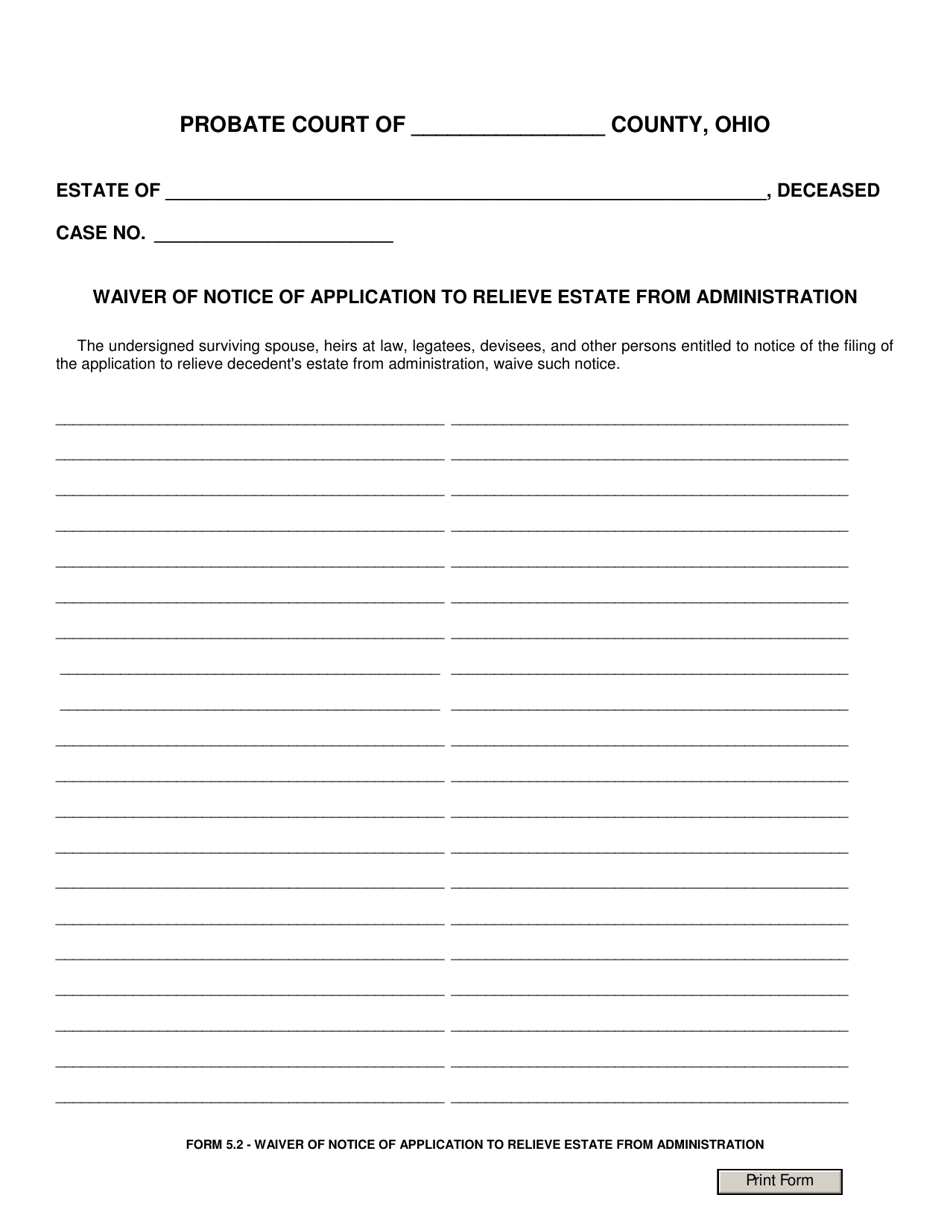 Form 5.2 Waiver of Notice of Application to Relieve Estate From Administration - Ohio, Page 1