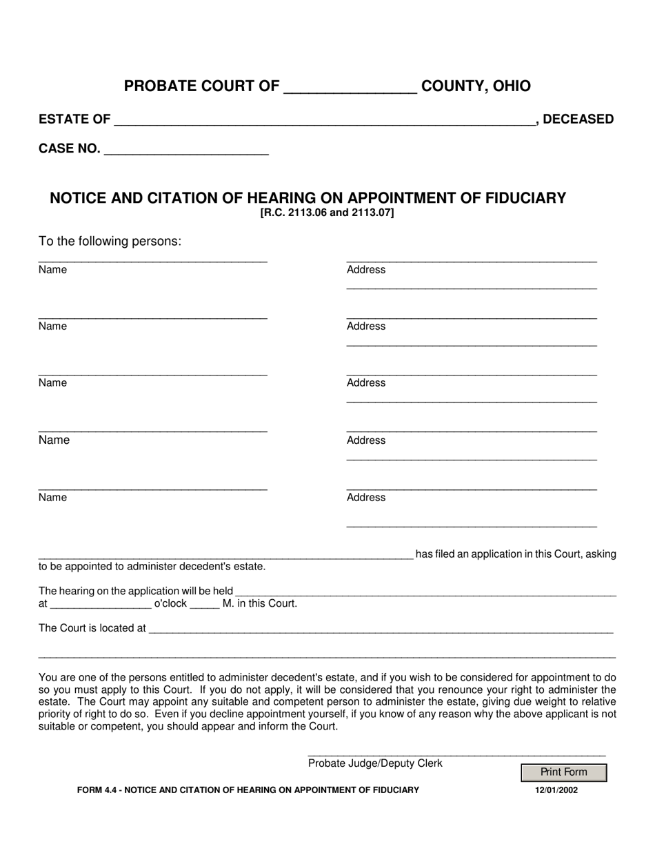 Form 4.4 Notice and Citation of Hearing on Appointment of Fiduciary - Ohio, Page 1