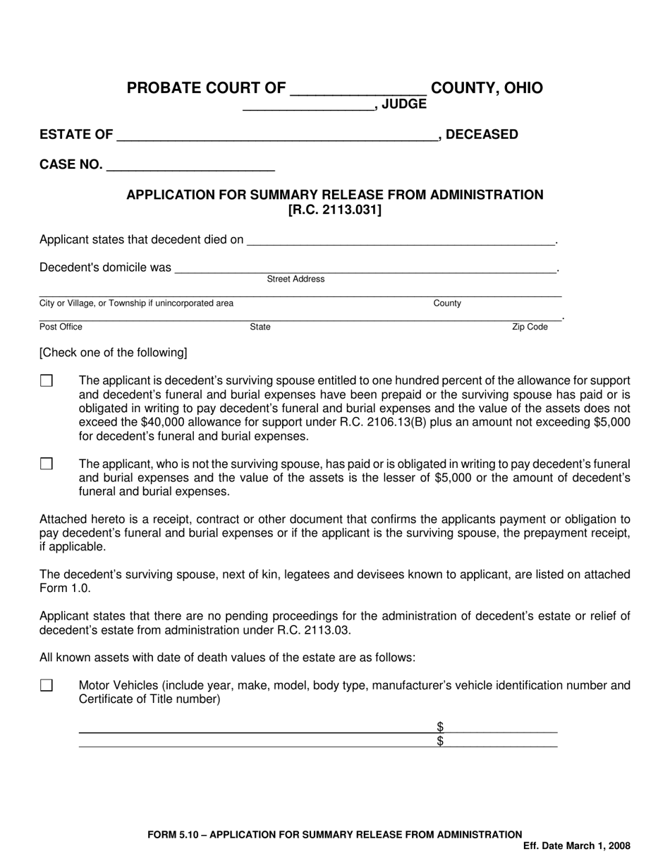 Form 5.10 Application for Summary Release From Administration - Ohio, Page 1
