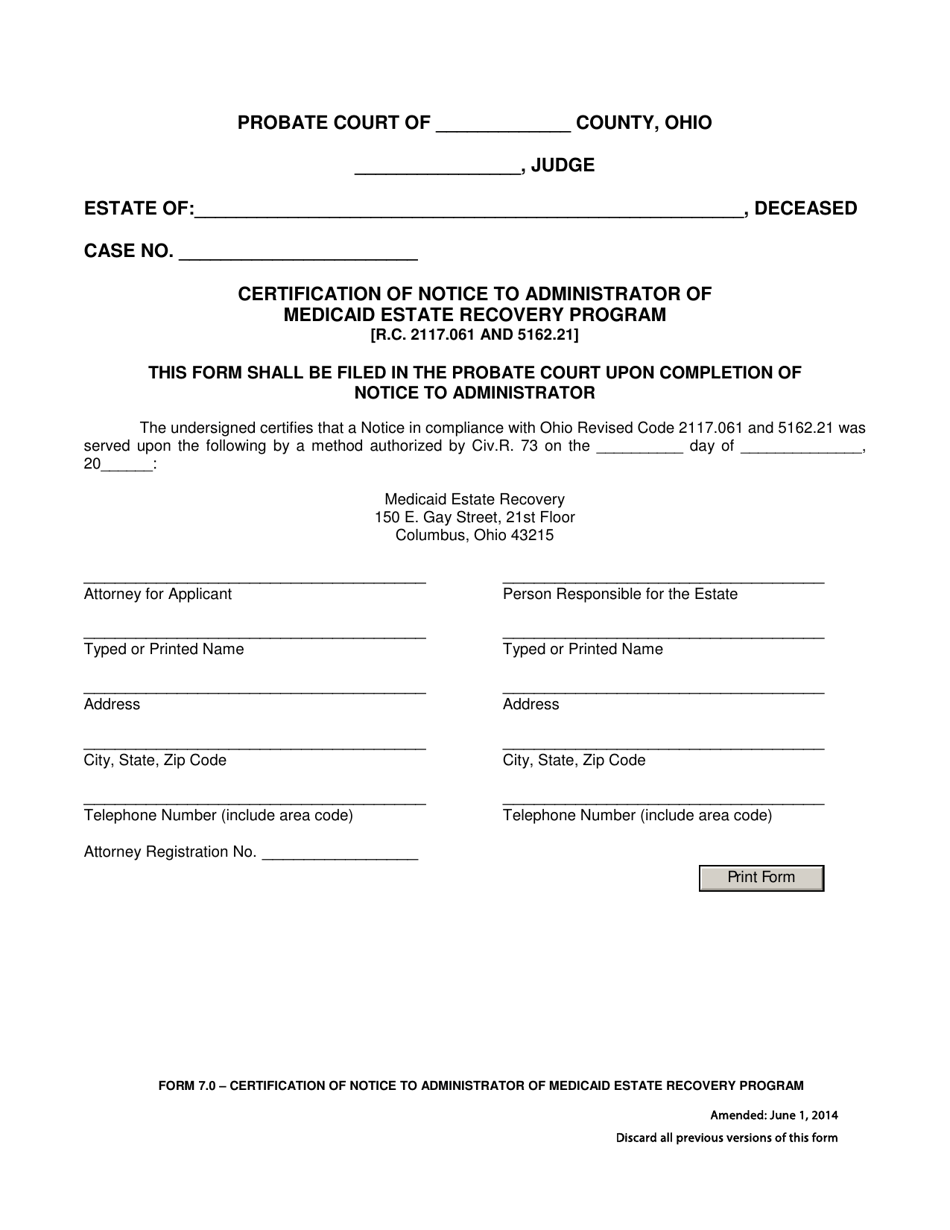 Form 7.0 Certification of Notice to Administrator of Medicaid Estate Recovery Program - Ohio, Page 1