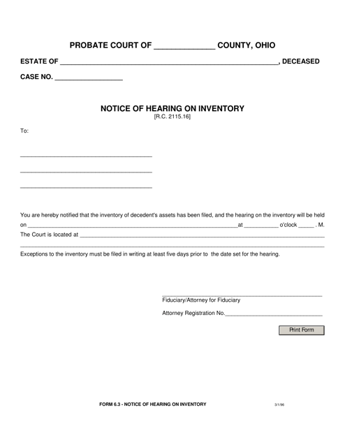 Form 6.3 Notice of Hearing on Inventory - Ohio