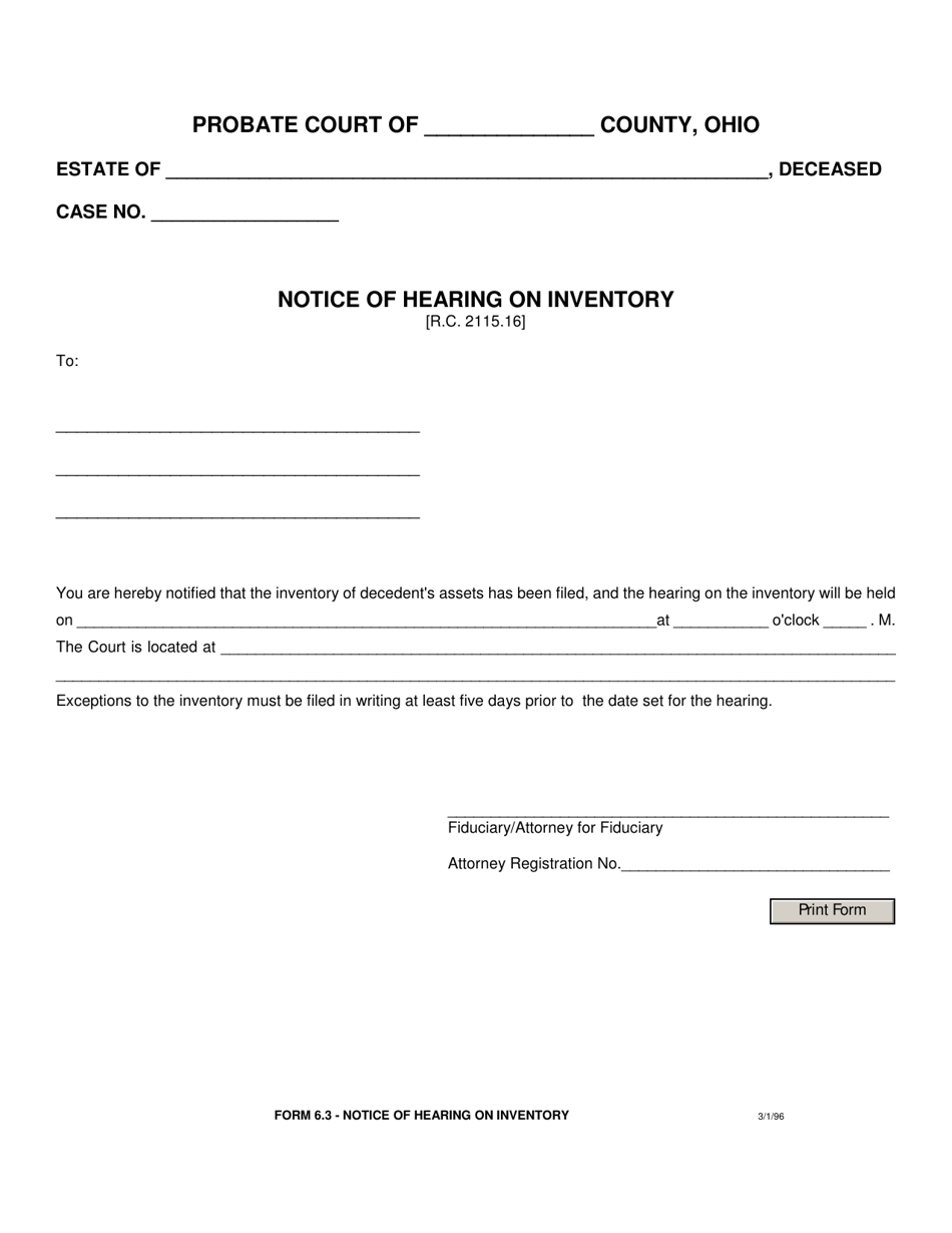 Form 6.3 Notice of Hearing on Inventory - Ohio, Page 1
