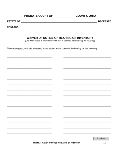 Form 6.2 Waiver of Notice of Hearing on Inventory - Ohio
