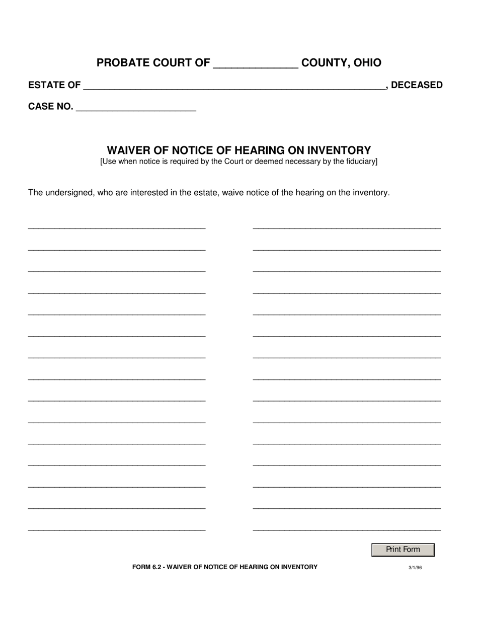 Form 6.2 Waiver of Notice of Hearing on Inventory - Ohio, Page 1