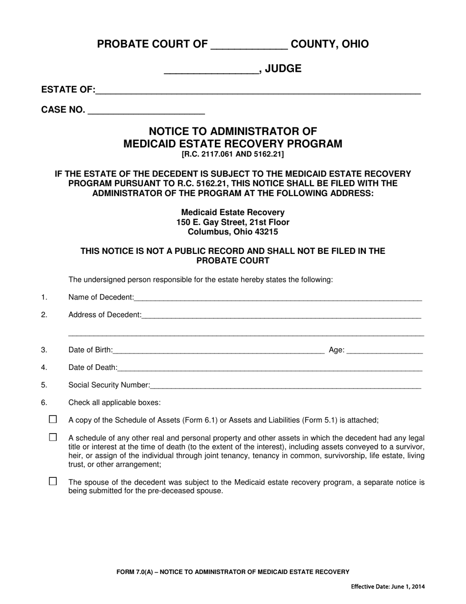 Form 7.0(A) Notice to Administrator of Medicaid Estate Recovery Program - Ohio, Page 1