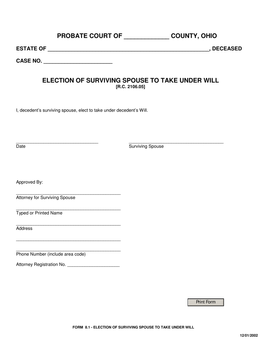 Form 8.1 Election of Surviving Spouse to Take Under Will - Ohio, Page 1