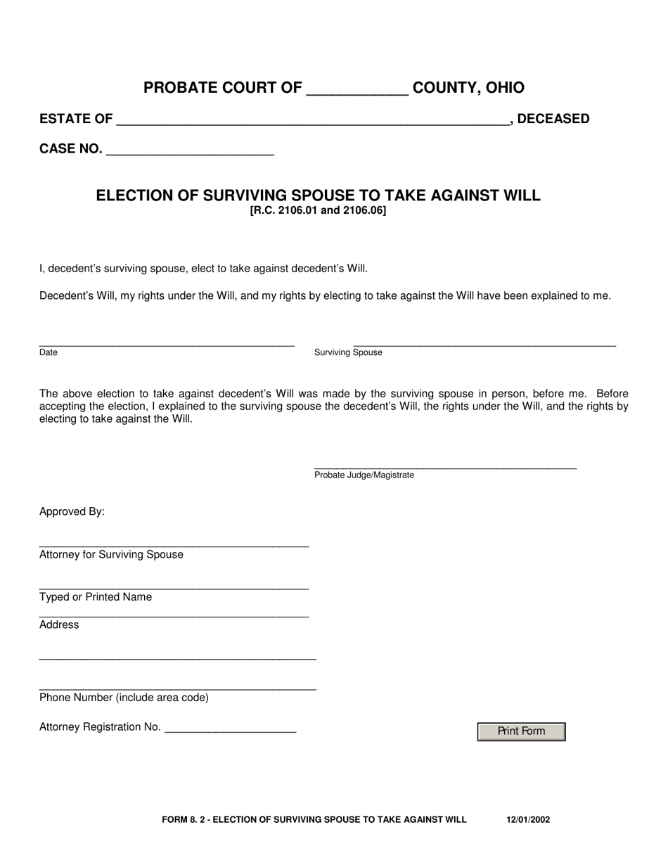 Form 8.2 Election of Surviving Spouse to Take Against Will - Ohio, Page 1