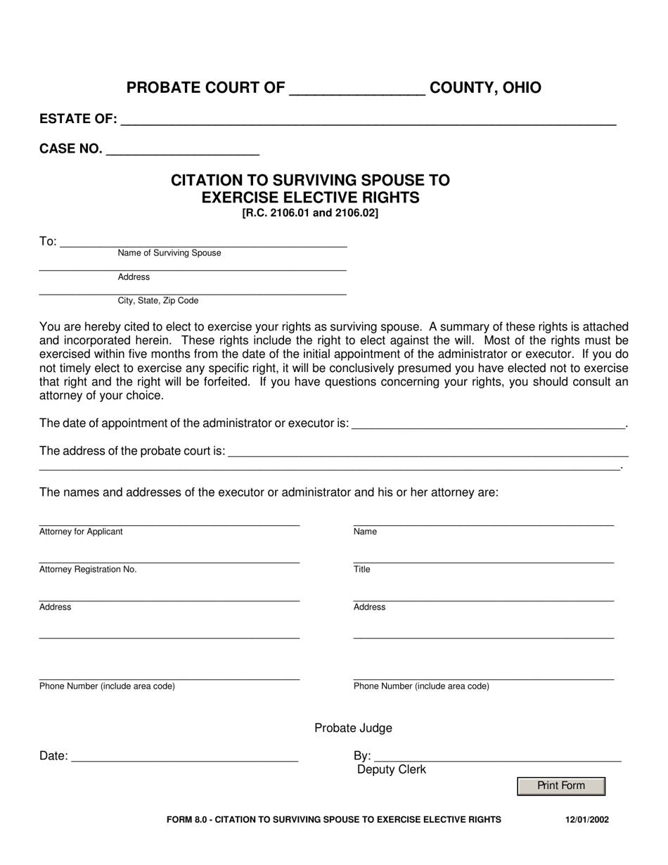 Form 8.0 Citation to Surviving Spouse to Exercise Elective Rights - Ohio, Page 1