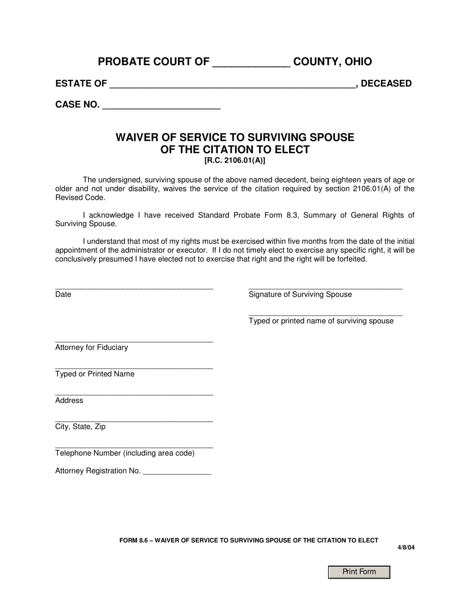 Form 8.6 Waiver of Service to Surviving Spouse of the Citation to Elect - Ohio, Page 1