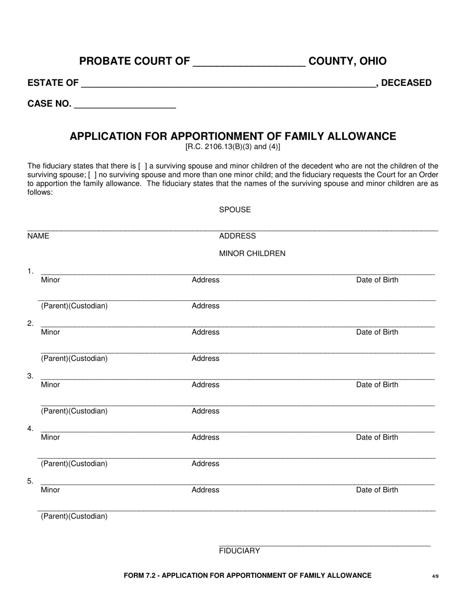 Form 7.2 Application for Apportionment of Family Allowance - Ohio, Page 1