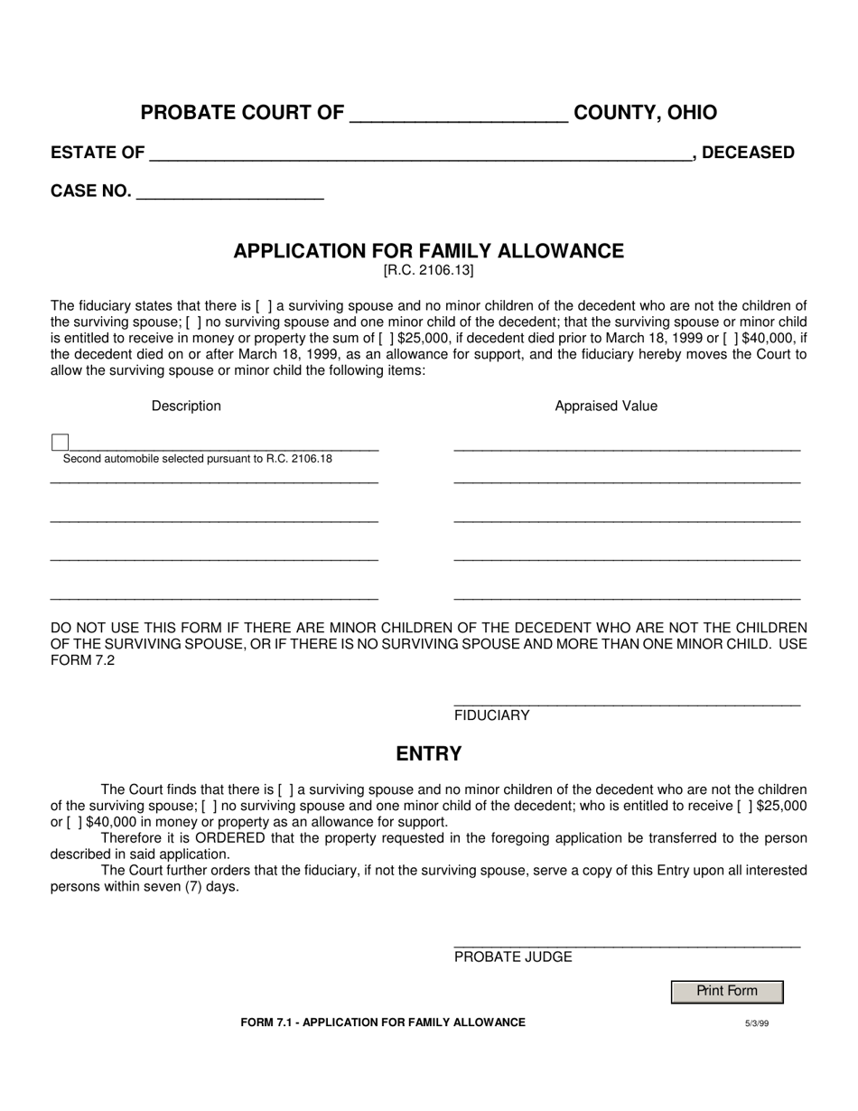Form 7.1 Application for Family Allowance - Ohio, Page 1