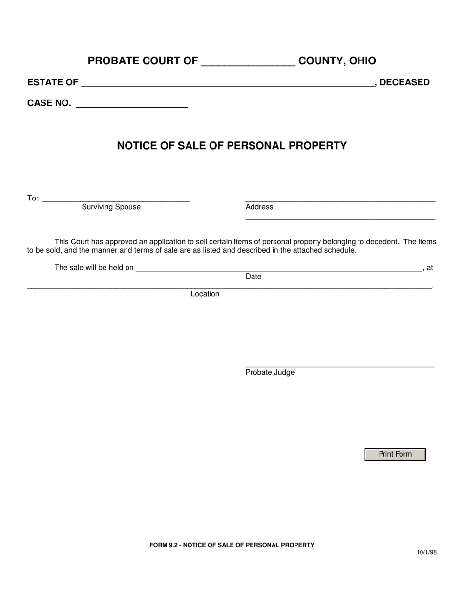 Form 9.2 Notice of Sale of Personal Property - Ohio, Page 1