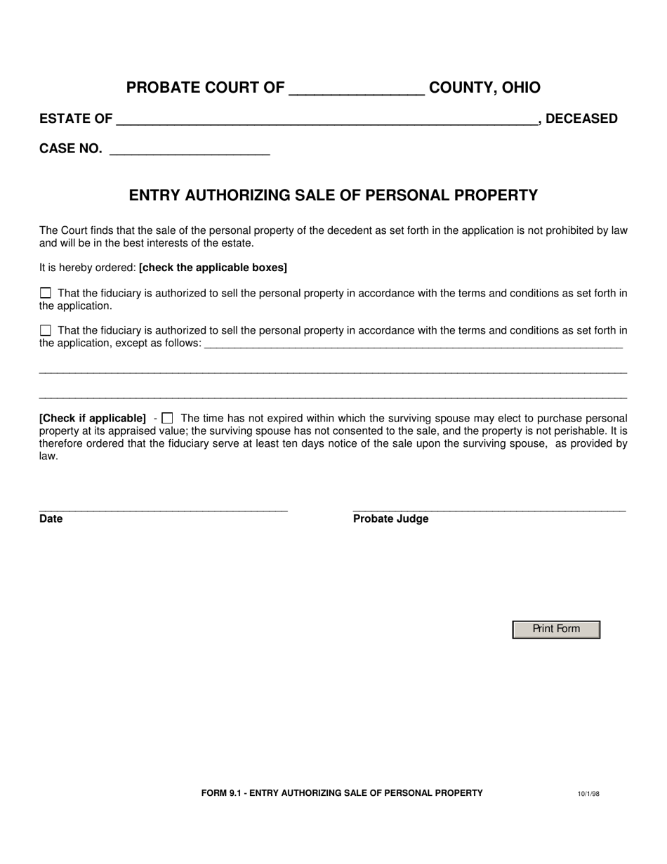 Form 9.1 Entry Authorizing Sale of Personal Property - Ohio, Page 1