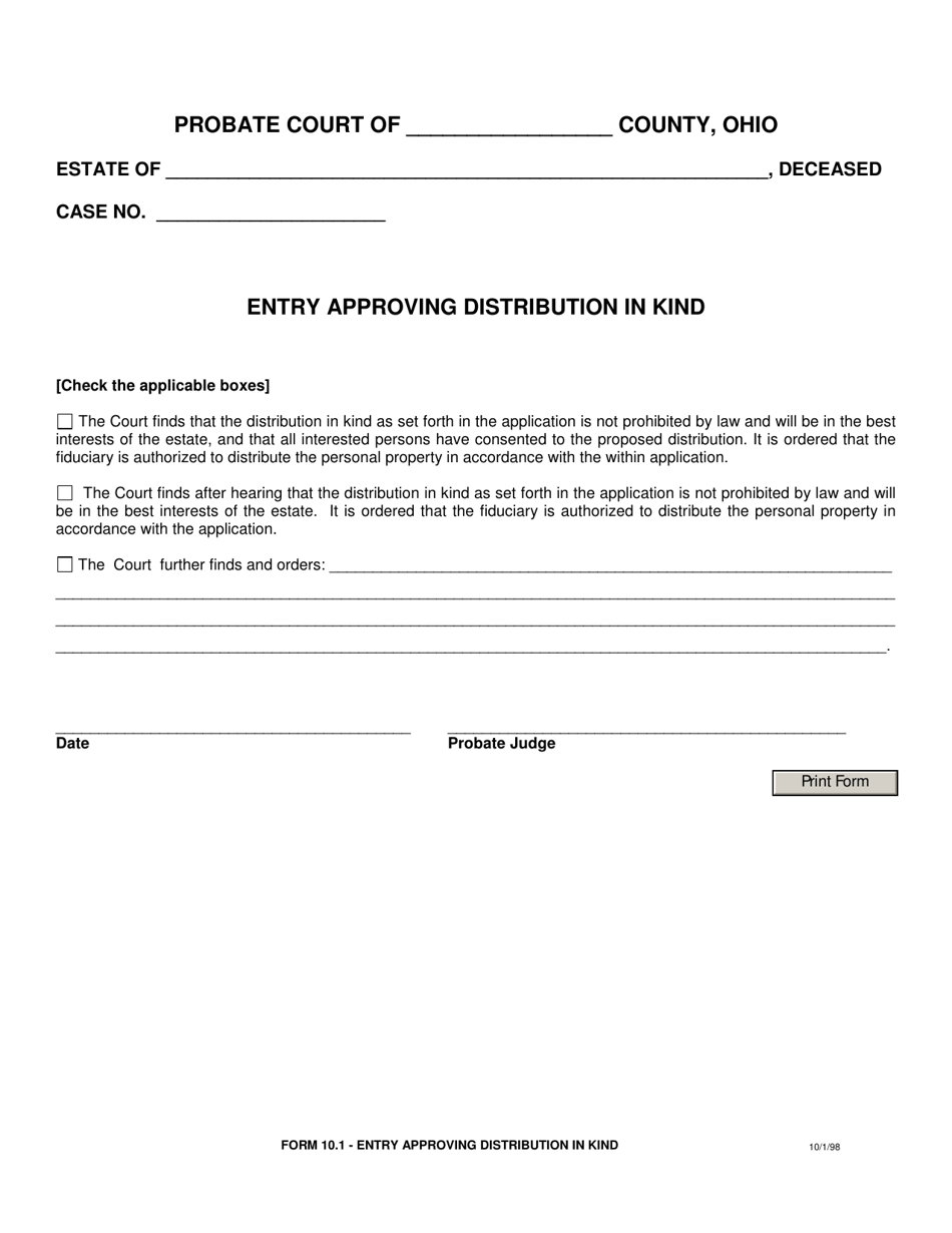 Form 10.1 Entry Approving Distribution in Kind - Ohio, Page 1