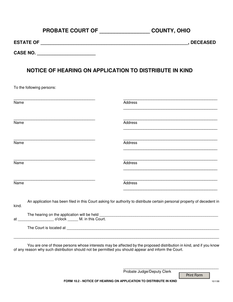 Form 10.2 Notice of Hearing on Application to Distribute in Kind - Ohio, Page 1