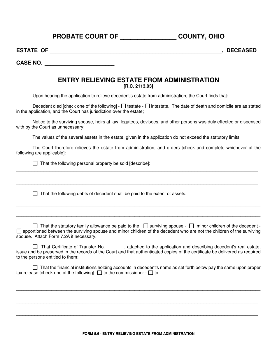Form 5.6 Entry Relieving Estate From Administration - Ohio, Page 1