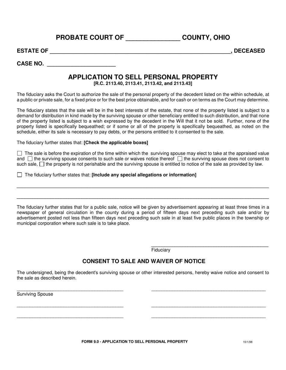Form 9.0 Application to Sell Personal Property - Ohio, Page 1