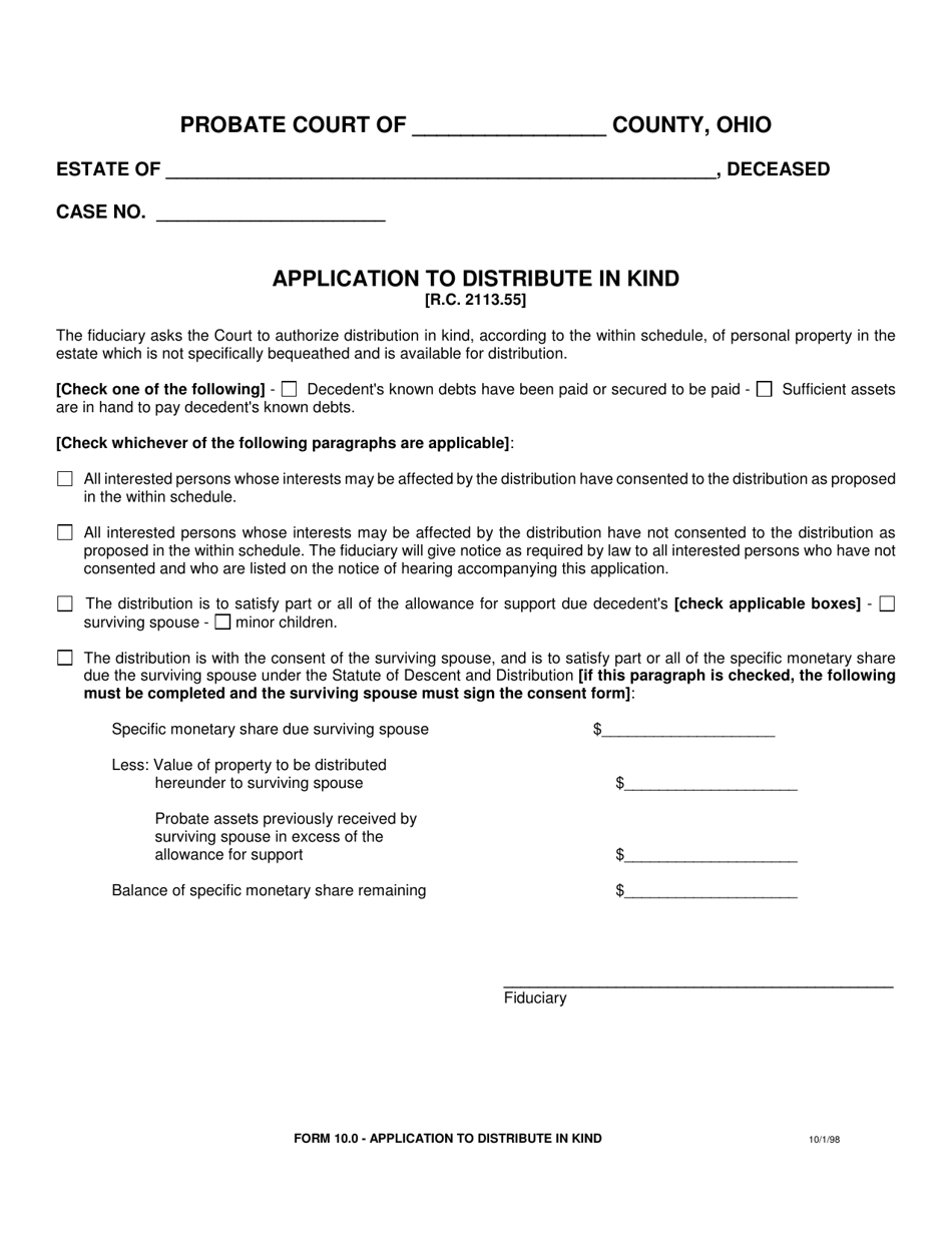 Form 10.0 Application to Distribute in Kind - Ohio, Page 1