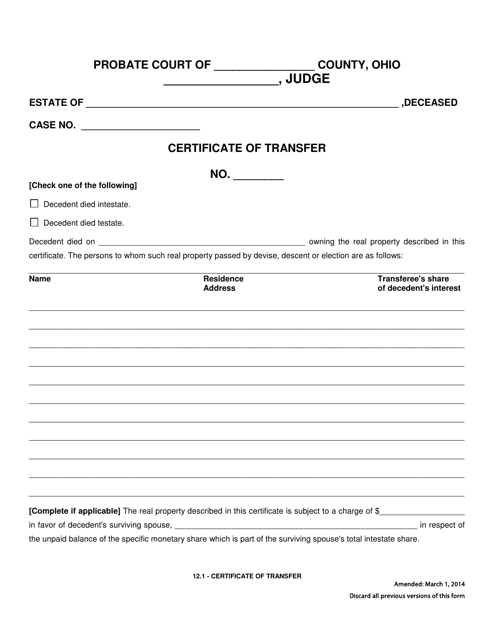 Form 12.1 Certificate of Transfer - Ohio