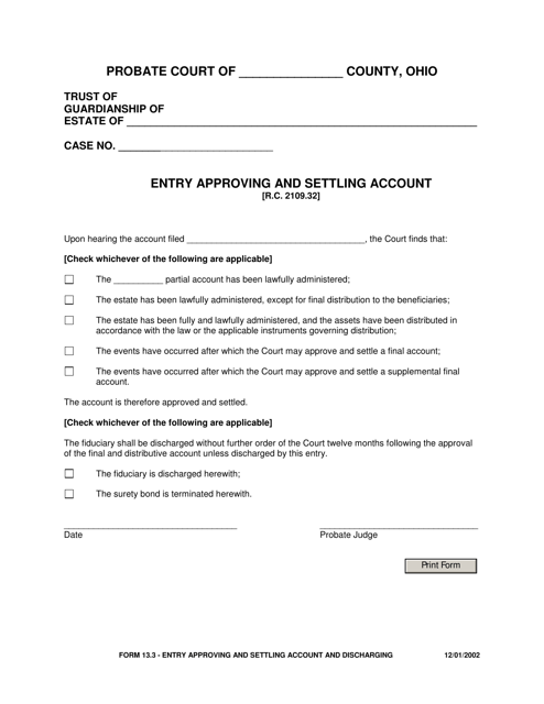 Form 13.3 Entry Approving and Settling Account - Ohio