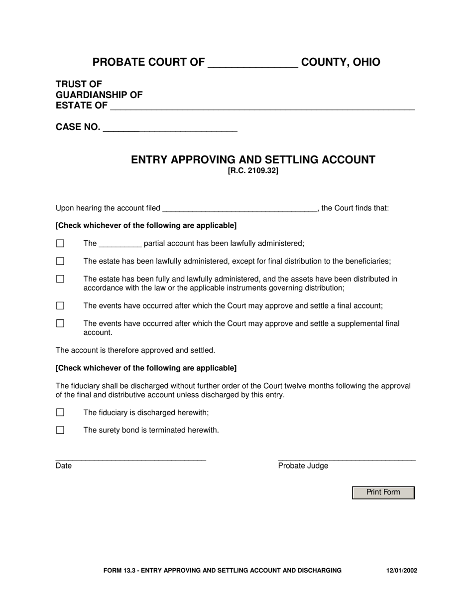 Form 13.3 Entry Approving and Settling Account - Ohio, Page 1
