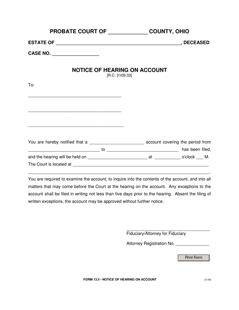 Form 13.5 Notice of Hearing on Account - Ohio