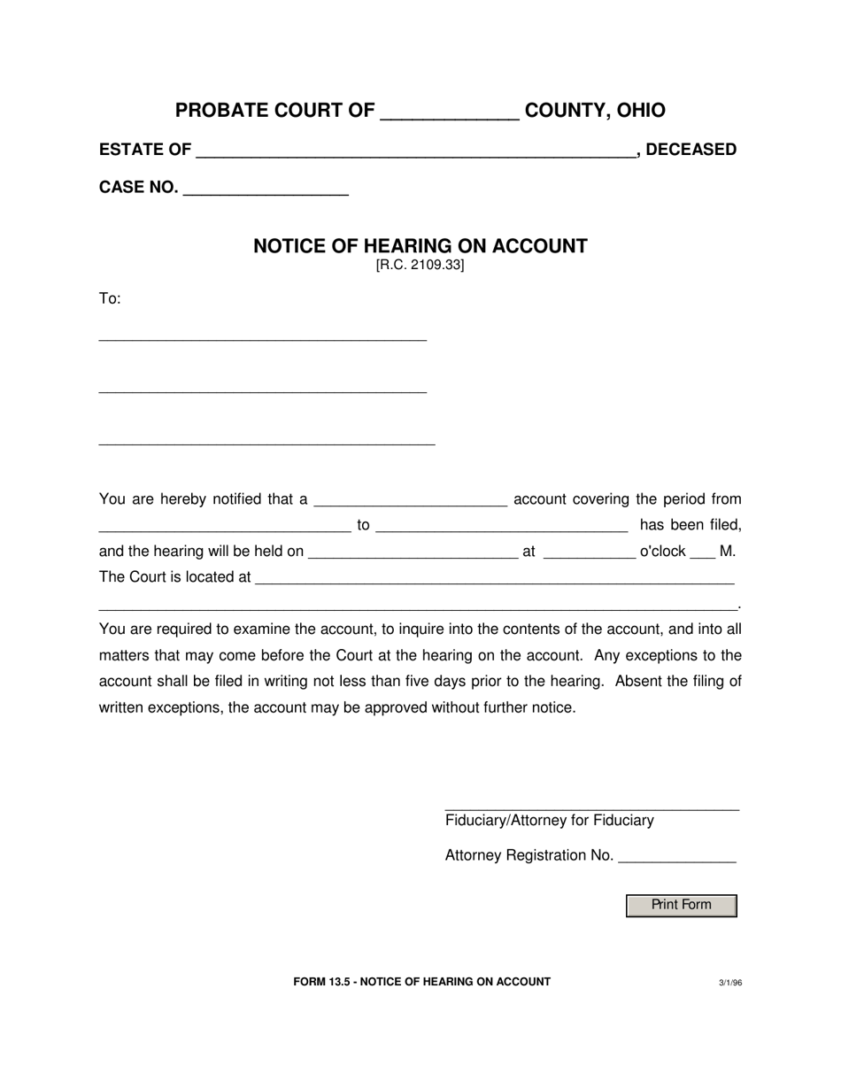 Form 13.5 Notice of Hearing on Account - Ohio, Page 1