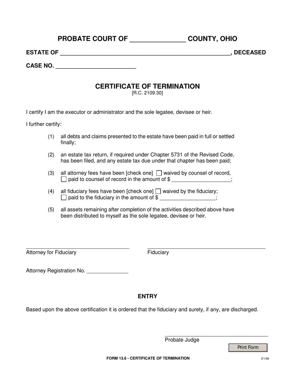 Form 13.6 Certificate of Termination - Ohio, Page 1