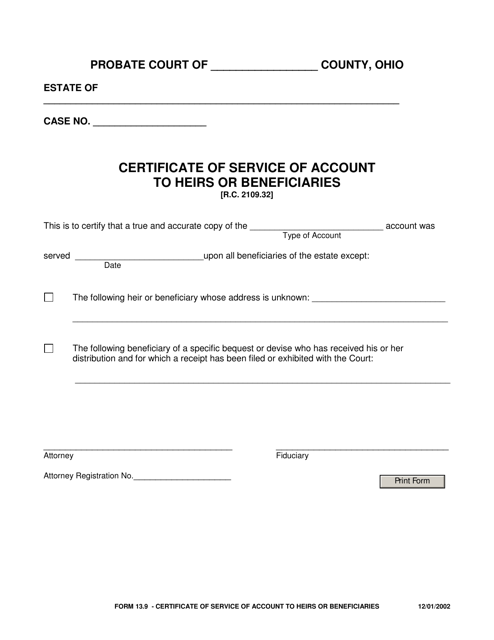 Form 13.9 Certificate of Service of Account to Heirs or Beneficiaries - Ohio
