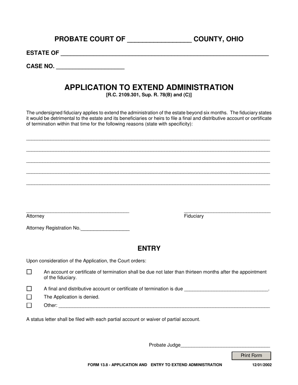 Form 13.8 Application to Extend Administration - Ohio, Page 1