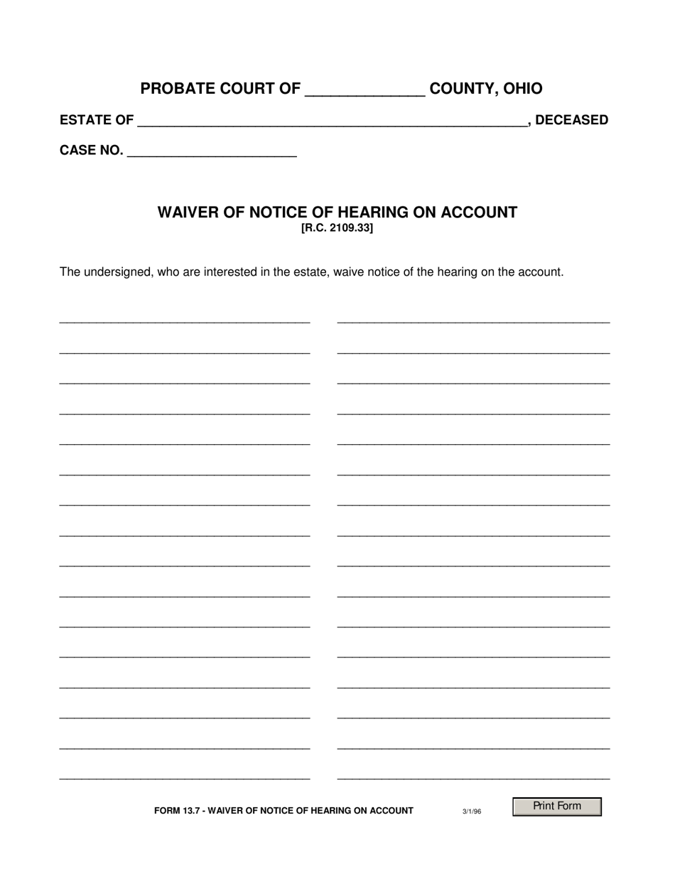 Form 13.7 Waiver of Notice of Hearing on Account - Ohio, Page 1