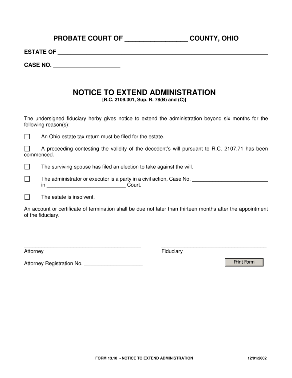 Form 13.10 Notice to Extend Administration - Ohio, Page 1