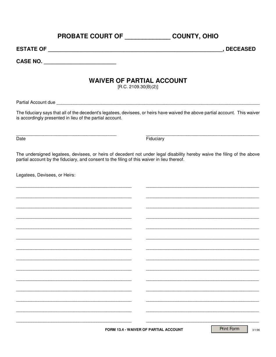Form 13.4 Waiver of Partial Account - Ohio, Page 1