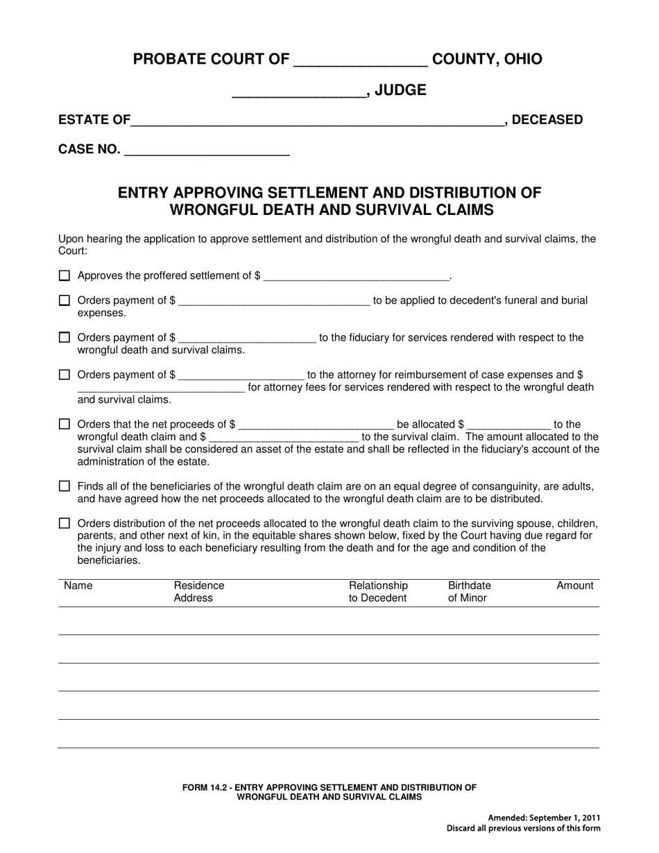 Form 14.2 Entry Approving Settlement and Distribution of Wrongful Death and Survival Claims - Ohio, Page 1