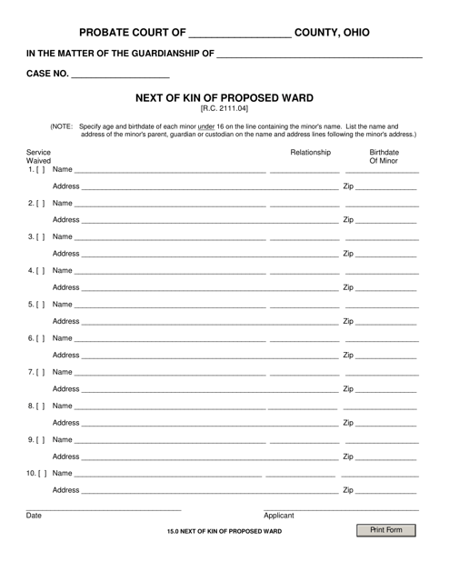 Form 15.0 Next of Kin of Proposed Ward - Ohio