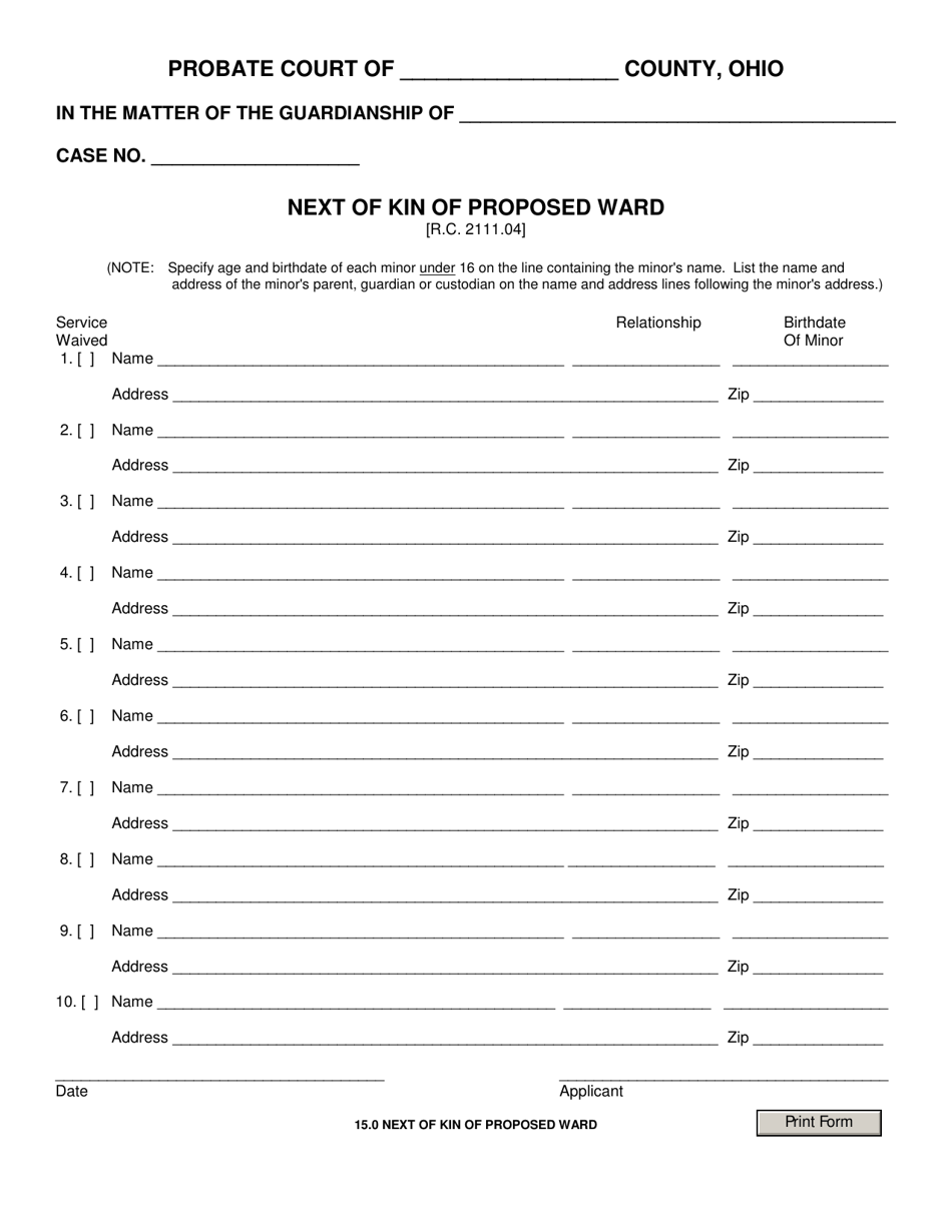 Form 15.0 Next of Kin of Proposed Ward - Ohio, Page 1