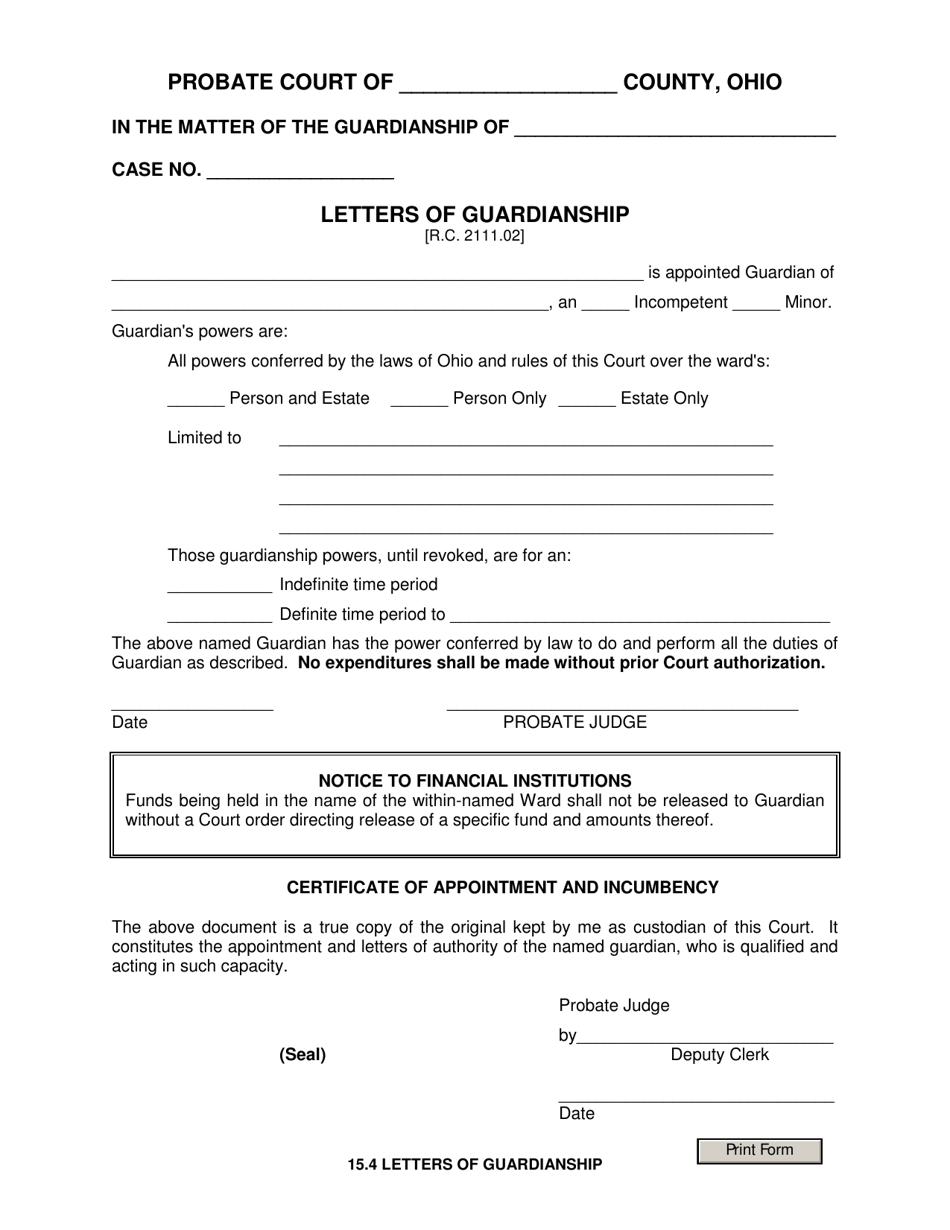 Form 15.4 Letters of Guardianship - Ohio, Page 1