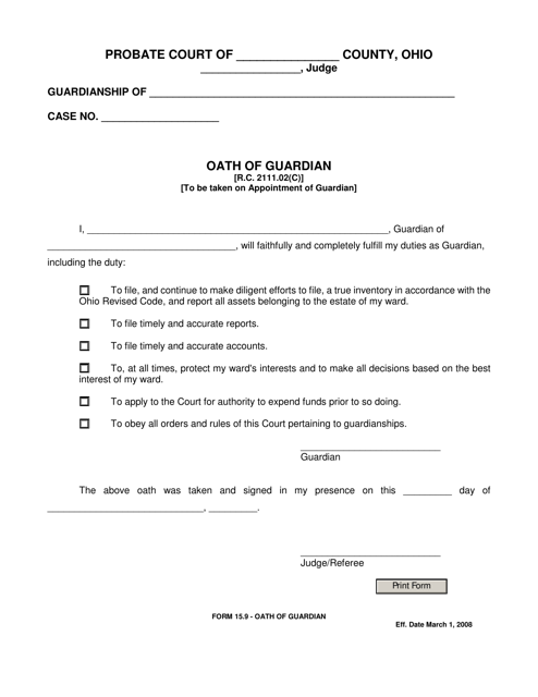 Form 15.9 Oath of Guardian - Ohio