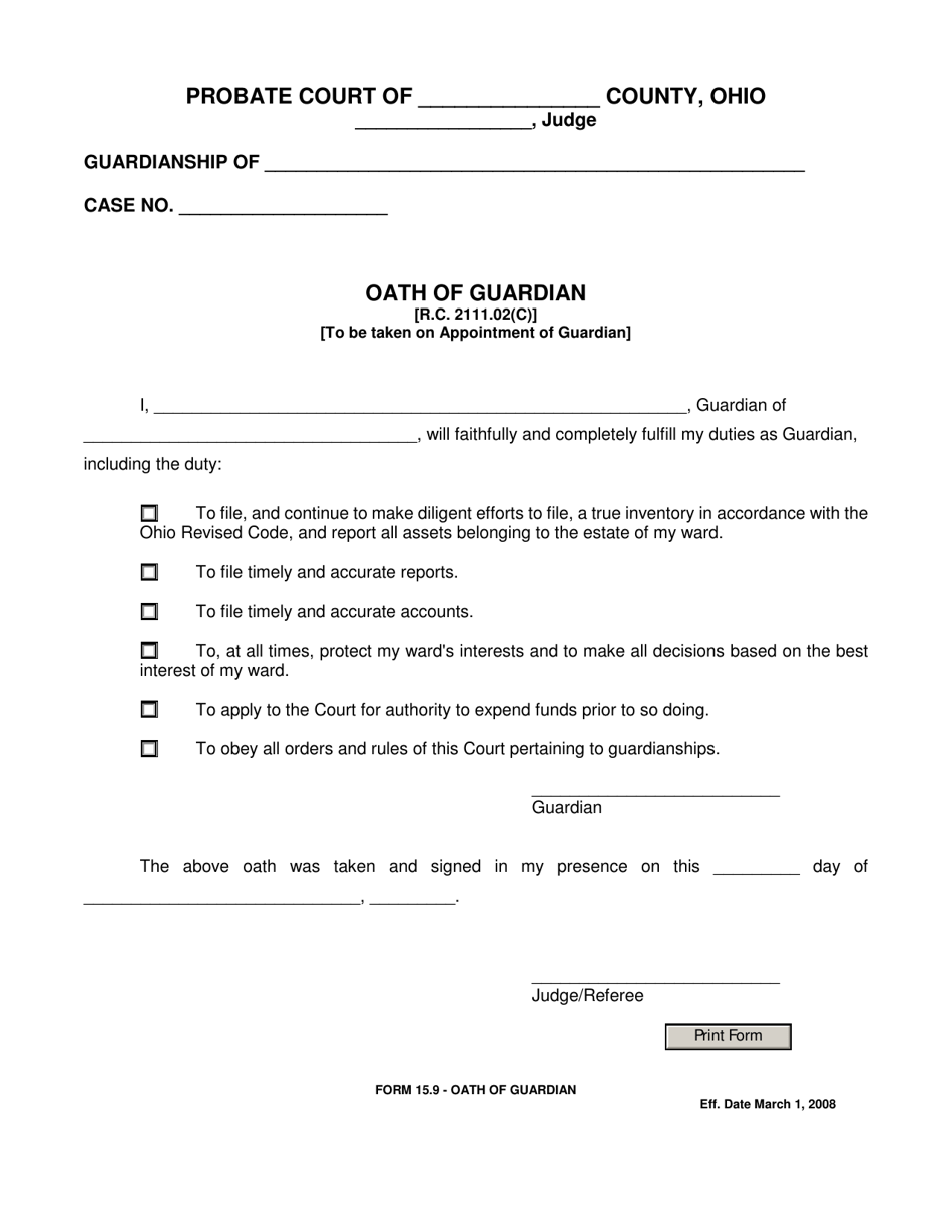 Form 15.9 Oath of Guardian - Ohio, Page 1