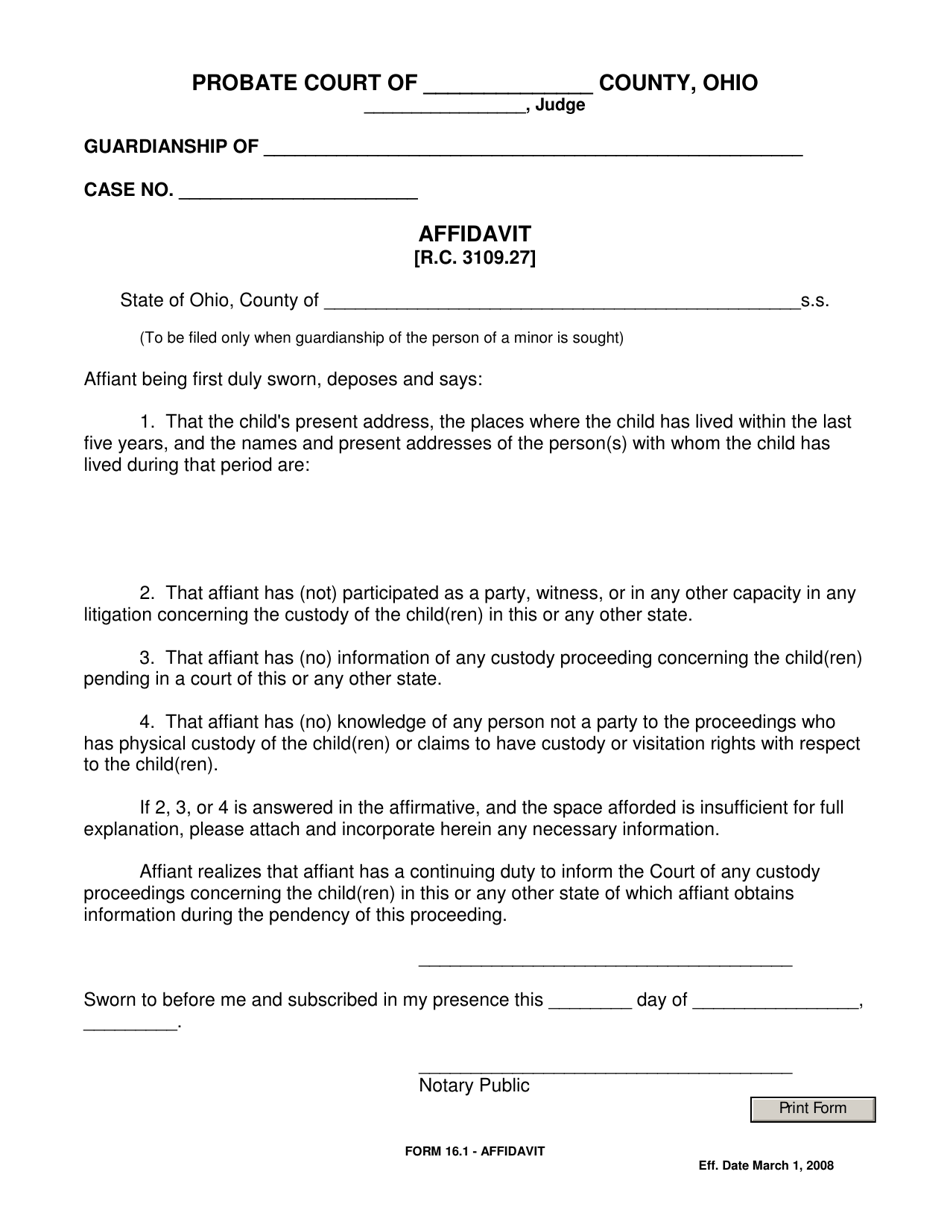 Form 16.1 Affidavit - Ohio, Page 1