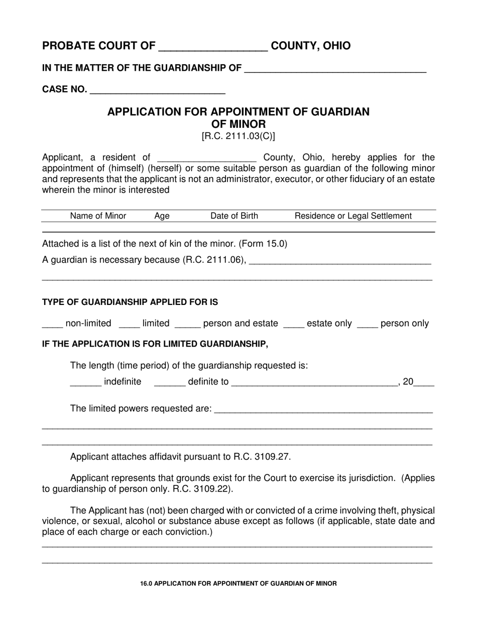 Form 16.0 Application for Appointment of Guardian of Minor - Ohio, Page 1