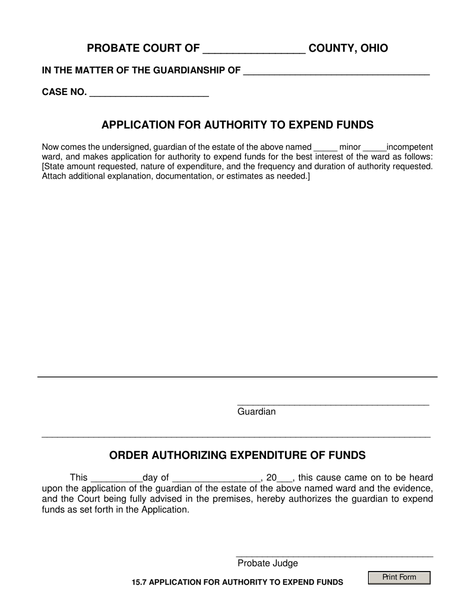 Form 15.7 Application for Authority to Expend Funds - Ohio, Page 1