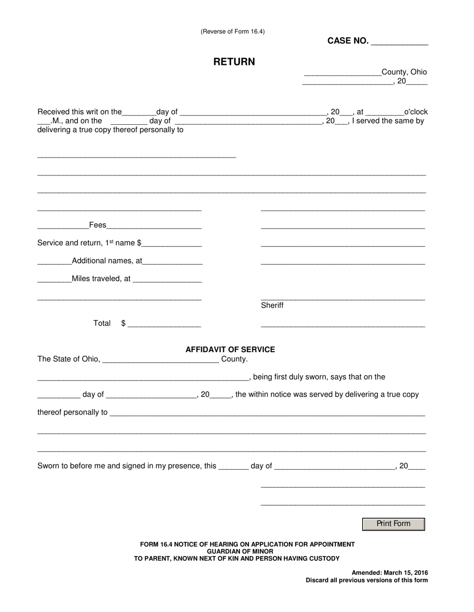 Form 16.4 Notice of Hearing on Application for Appointment Guardian of Minor to Parent, Known Next of Kin and Person Having Custody - Ohio, Page 2