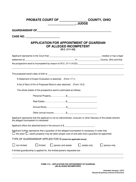 Form 17.0 Application for Appointment of Guardian of Alleged Incompetent - Ohio