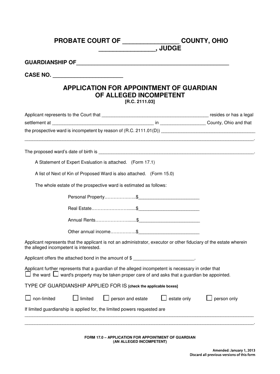 Form 17.0 Application for Appointment of Guardian of Alleged Incompetent - Ohio, Page 1