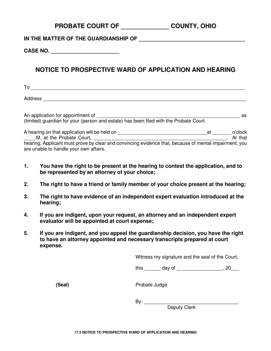 Form 17.3 Notice to Prospective Ward of Application and Hearing - Ohio, Page 1