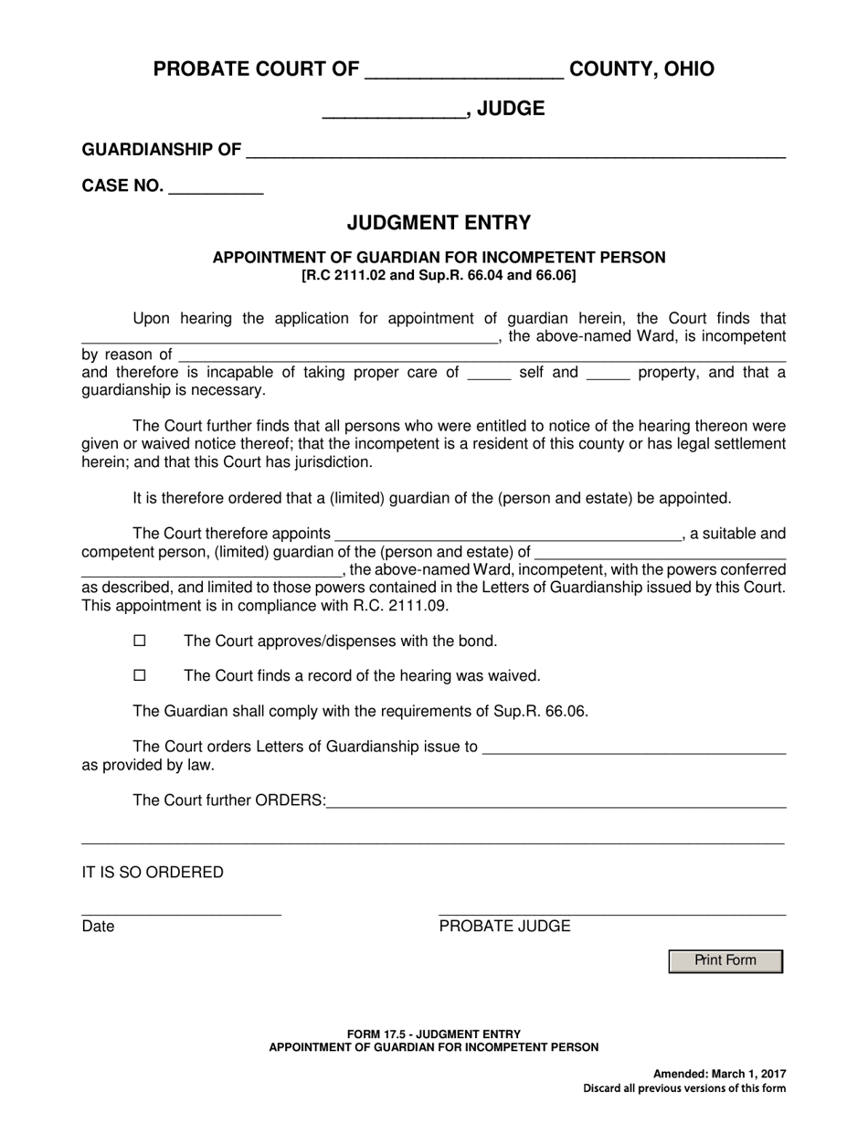 Form 17.5 Judgment Entry Appointment of Guardian for Incompetent Person - Ohio, Page 1