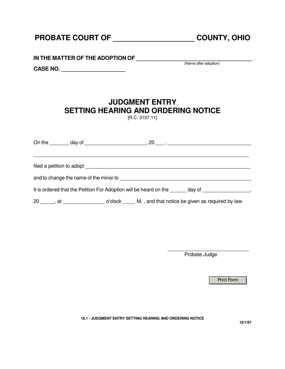 Form 18.1 Judgment Entry Setting Hearing and Ordering Notice - Ohio, Page 1